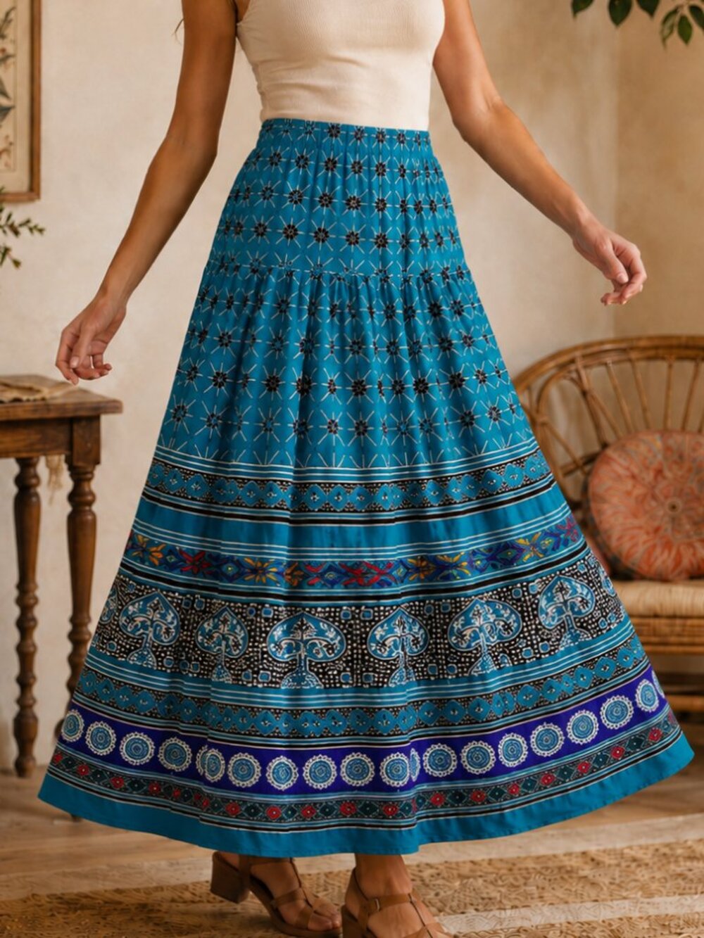Vintage L. Rothschild San Francisco Teal Blue Rayon Maxi Skirt Size M